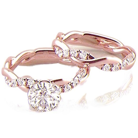 2pc 18K Rose Gold Plated Diamond Ring Set - Picture 6 of 6